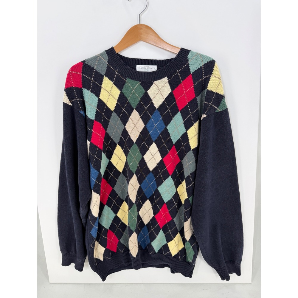 Vintage St Michael Marks & Spencer Argyle Cotton Sweater Navy Blue Mens Large